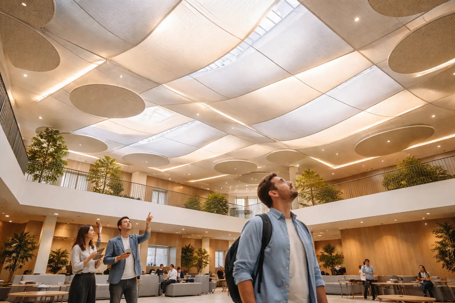 Многослойные тканевые потолки: акустика и свет